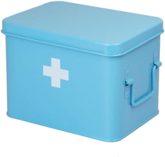 YESCO Cute Red with White Cross Metal Pill Case Family Iron Steel Medicine Storage Box Empty Portable First Aid Kits Medicine Cabinet Case Household Pill Organizer for Home (Small Without Lock, Blue)