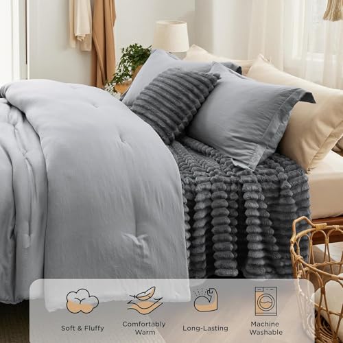 Image of Bedsure California King Comforter Set 5 Pieces - Bed in a Bag with Throw Blanket and Decorative Pillow, Lightweiget Bedding Comforter Sets, All Season Boho Bedding Sets, Grey