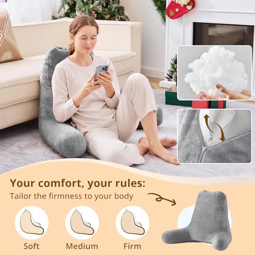 Image of Sasttie Reading Pillow for Bed, Back Pillow for Sitting Up, Dark Grey | 25 inch Backrest Support Cushion for Couch, Sofa, and Floor, Dorm Essentials, OEKO-TEX, Adjustable Down Alternative Fill