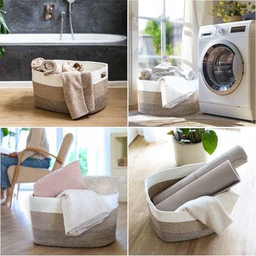 HMF XXL kosz na pranie z bawełny, prostokątny kosz do przechowywania z uchwytami | 55 x 43 x 30 cm | biało-brązowy