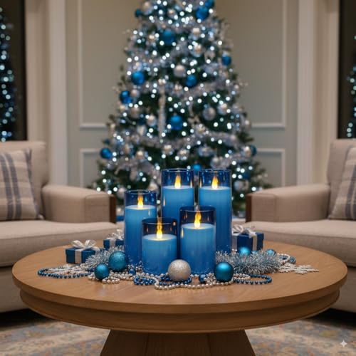Image of Homemory Blue Flickering Flameless Candles, Battery Operated Acrylic LED Pillar Candles with Remote Control and Timer, Blue Decor, Set of 5
