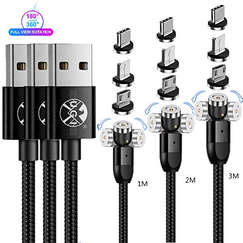 UGI - Cable de carga magnético 3 en 1 (1M+2M+3M) con rotación de 180° + 360 ° LED indicador de luz Android USB C Cable compatible con Micro USB/Tipo USB C/iOS dispositivos
