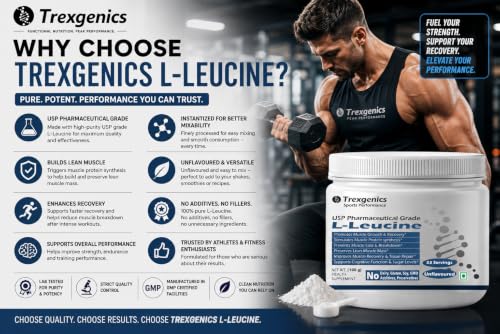 Image of Trexgenics L-LEUCINE PHARMACEUTICAL USP grade 33 Servings, Unflavoured Pure Powder Recovery, Muscle Preservation, Muscle Growth (100 gram)