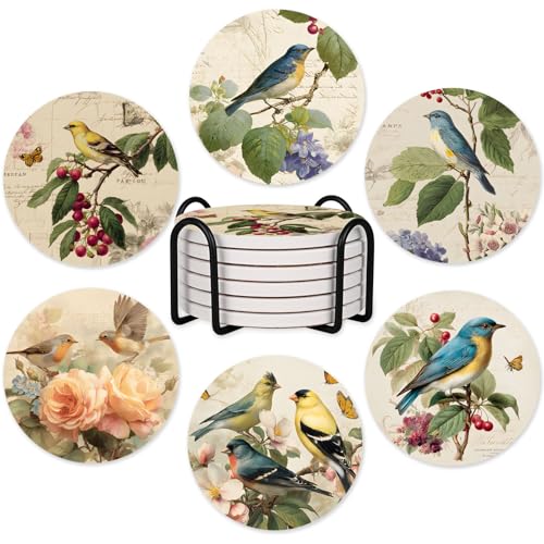 6Pcs Bird Coasters with Holder Flowers Ceramic Round Absorbent Coaster