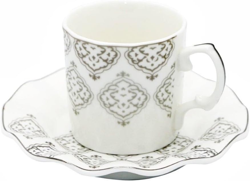 Porcelain Bone China Espresso Turkish Coffee Set of 6 Demitasse Cups + Saucers (Silver Ombre)