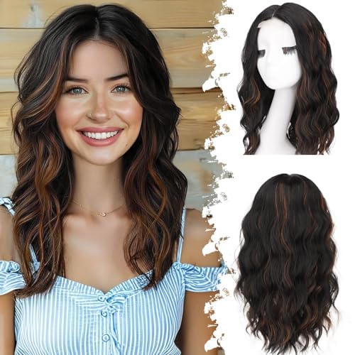 Image of Eawwii Black Mix Brown Short Wavy Wig for Women Lace Hairline Bob Style Synthetic Heat Resistant - Natural Appearance for Everyday Hairstyle 18 Inch