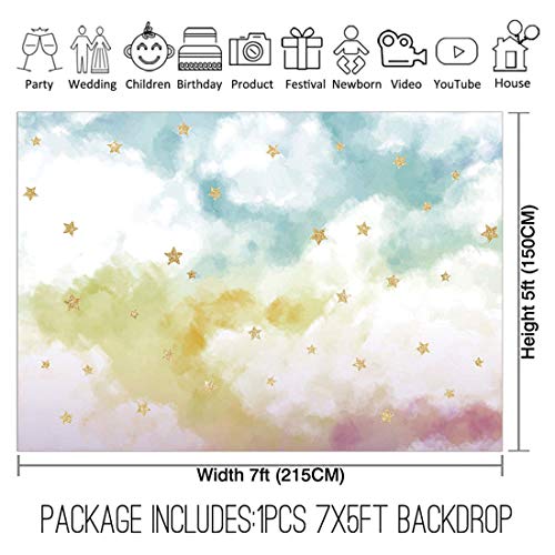 Allenjoy 7X5Ft Photography Backdrops Watercolor Colorful White Cloud Sky Golden Glitter Stars Birthday Party Banner Photo Studio Booth Background Newborn Baby Shower Photocall #TOP1