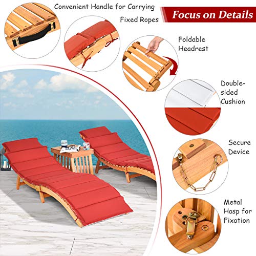 Tangkula 3 Pcs Folding Patio Solid Eucalyptus Wood Lounge Chair Set, Outdoor Lounger Chair W/Foldable Side Table, Double-Sided Cushion Lounger Chairs Set For Garden Lawn Backyard(Red & White) #TOP7