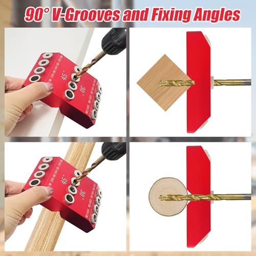 Socpuro 30 45 90 Degree Angle Drill Guide Jig with 4 Drill Bits for Angled/Straight Holes, 4 Sizes Aluminum Drill Hole Guide Jig Drill Template Block for Cable Railing Deck Stair Handrail