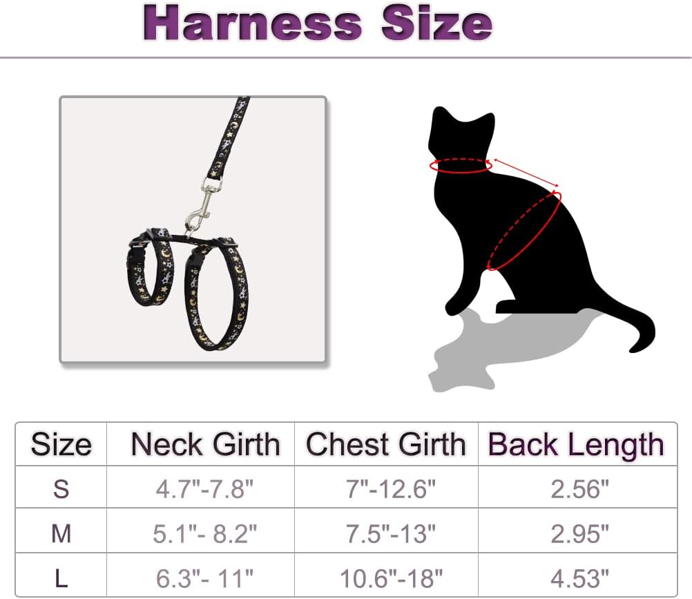 Cat Harness and Leash Set for Outdoor Walking Escape Proof Adjustable Soft Safety Strap with Golden Star and Moon Design Glow in The Dark Black