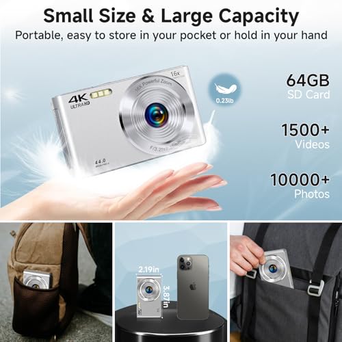 Câmera digital, câmeras digitais 2025 4K 44 MP com foco automático para adolescentes, câmera de ponta prateada para crianças com zoom de 16X, cartão SD de 64 GB, compacta, pequena para meninos - Imagem 5