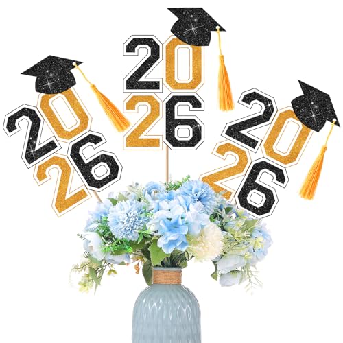 Image of 10 Pcs Graduation Table Centerpieces Sticks with Tassels, class of 2026 Grad Cap Picks Table Decoration Cupcake Toppers for Party Centerpiece Decoration Supplies(Black and Gold)