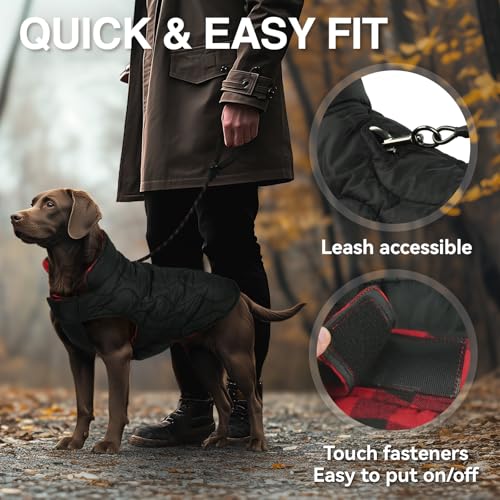 VIVAGLORY Softjoy Hundemantel, Wintermantel mit Bauchschutz, Hundejacke für Winter & Weihnachten, Warm Softshell Kariert Schnittmuster Verstellbar, M, Schwarz Rot