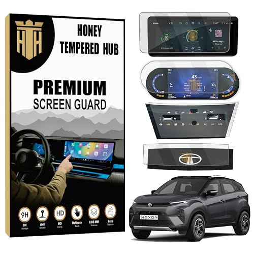 Image of HONEY TEMPERED HUB (4 PACK) Screen Guard For TATA NEXON 2023 FACELIFT - 10.25 INCH INFOTAINMENT (Round Corners) + 7 INCH INSTRUMENT CLUSTER + DIGITAL STEERING + AC CONTROL GUARD / Creative+ Creative Plus S Anti Scratch Car TouchScreen Display Guard | New TataNexon 2024 Accessories [Not Tempered Glass]