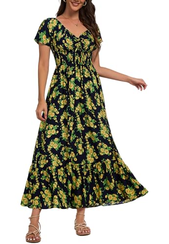 Image of Summer Smocked Boho Maxi Dress for Women 2026 Short Sleeve Floral Smocked Flowy Ruffled Beach Vacation Dresses Lightweight