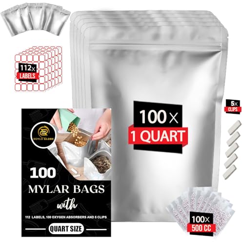 100pcs Quart Mylar Bags with 100 x 500cc Oxygen Absorbers-112 Labels & 10 MIL Thick Stand-Up Reusable Airtight Resealable Bags with 5 Clips - Large Mylar Bags For Food Storage