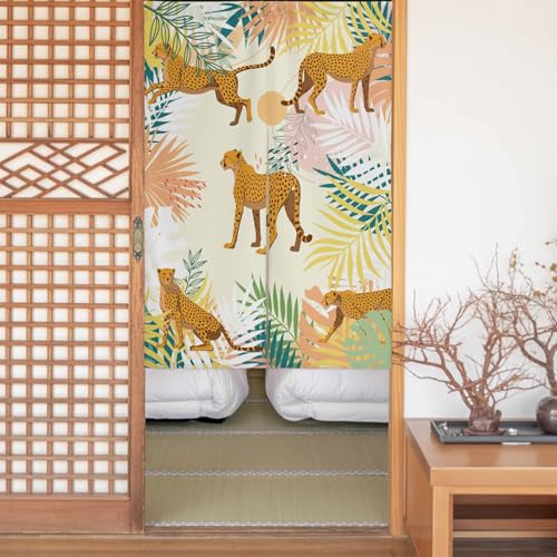 Sauoromeon のれん カーテン 幅85x丈170cm 厚手 遮光 暖簾 ドアカーテン 仕切り 目隠し 通気性 和風 おしゃれ フラット リング対応 ひも付き 夏 植物 動物 豹 ヤシの木 葉っぱ 勝手口 玄関 キッチン リビング 春夏秋冬