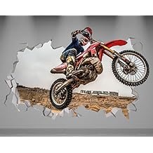 Motocross Smash Wall Decal - Moto Smashed Art Sticker - Bike 3D Decor Art Vinyl Removable MR1154 24"W x 14"H 60cm x 36cm