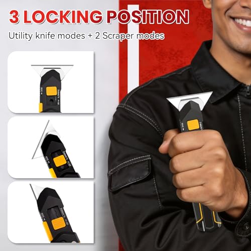 Image of PINOZE Folding Utility Knife Scraper, 3-in-1 Box Cutter with Lanyard & Blade Storage, Retractable Heavy Duty Zinc Alloy Multi-functional Knife with 10pcs SK2 Blades, EDC Tool for Home, Office, DIY