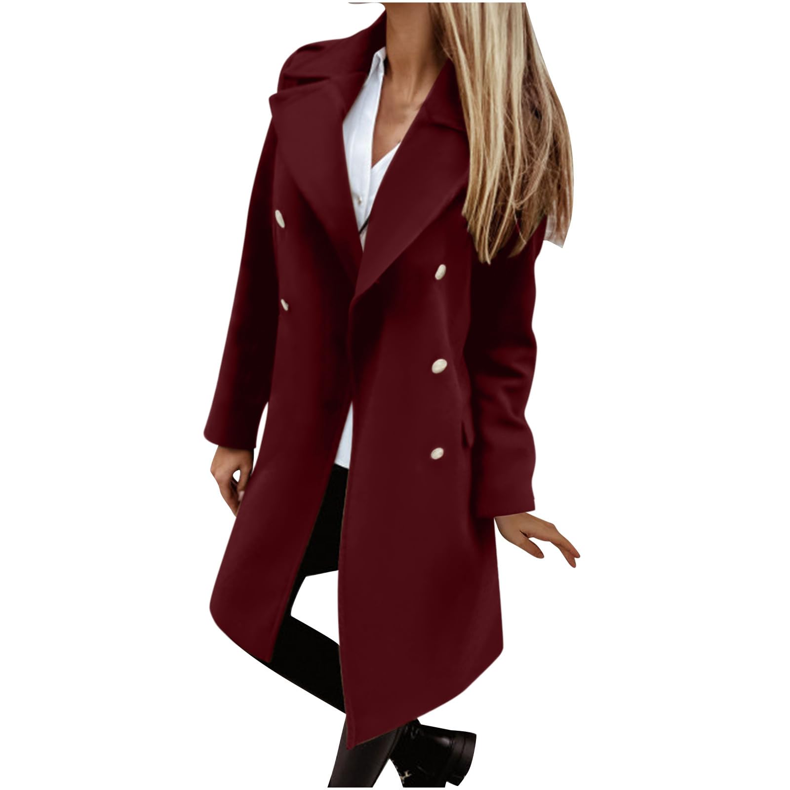 Womens Fall Winter Wool Blend Mid Long Pea Coat Notch Lapel Dressy Work Office Trench Overcoats with Pockets