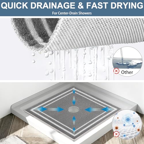 Image of Square Shower Mat Non Slip: 32x32 Inch Extra Large Shower Mats for Inside Shower, Non Slip Shower Mat with Drain Hole in Middle- Anti Slip Shower Floor Mat, Loofah Shower Stall Mats for Elderly