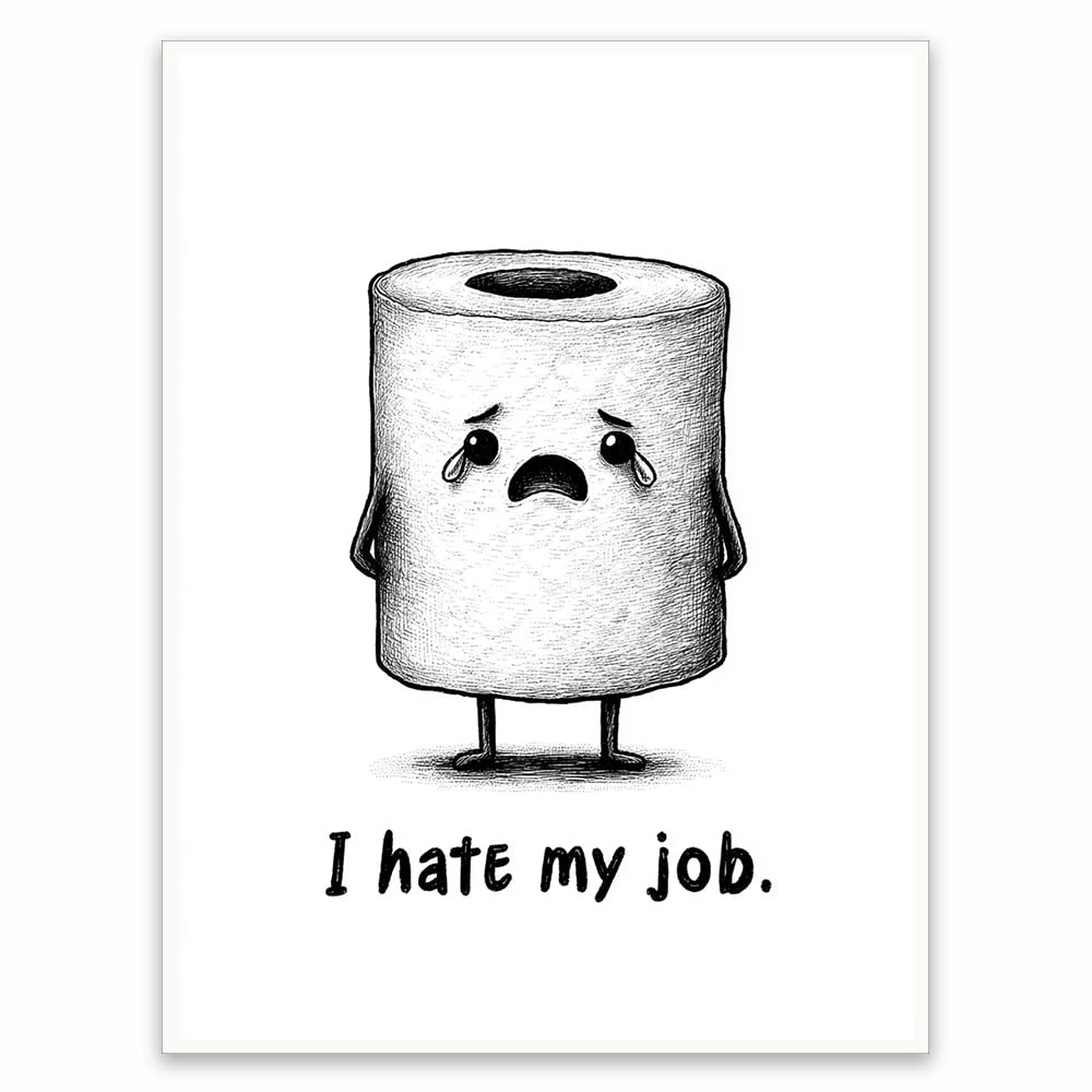 Funny Bathroom Wall Art 'I Hate My Job' Toilet Paper Cartoon Poster Print, Black and White Restroom Decor for Bathroom or Office 45x60cm Unframed