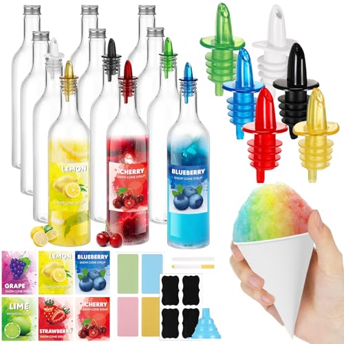 Maxcheck 12 Pcs Plastic Snowcone Syrup Bottles Snow Cone Supplies Empty Plastic Syrup Dispenser with Rainbow Pourer Plastic Long Neck Bottles for Summer Fruit Syrup Party(25 oz)