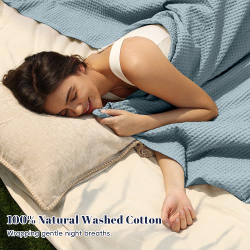 Image of PHF 100% Cotton Waffle Blanket Lightweight Breathable, Queen, Dusty Blue | Pre-washed Soft Cozy Summer Throw for Hot Sleepers, Textured Decorative Layer for Bed Couch Sofa Guest Room, Giftable