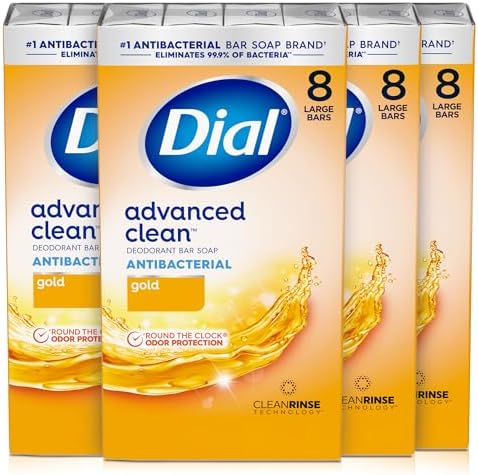 Dial Antibacterial Deodorant Bar Soap, Advanced Gold, 4 Oz, 32 Bars, Round the Clock Odor Protection, Dermatologist Tested, with Clean Rinse Technology