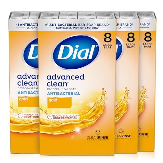 Dial Antibacterial Deodorant Bar Soap, Advanced Clean Gold, 4 Oz, 32 Bars, Round the Clock Odor Protection, Dermatologist Tested, With Clean Rinse Technology