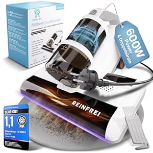 Reinfrei Milbensauger für Matratzen – 600W Matratzensauger gegen Hausstaubmilben – Matratzensauger Milben mit Heißluft, Ultraschall & Vibration – Bett Staubsauger mit Zwei Bürsten & 5m Kabel