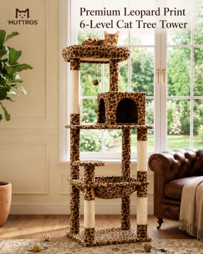 Image of MUTTROS Leopard Cat Tree, 56.3 inch Cat Tower for Indoor Large Cats | Multi-Level Cat Activity Center with condo, hammock, perch & sisal posts for 2-3 indoor cats under 15 lbs