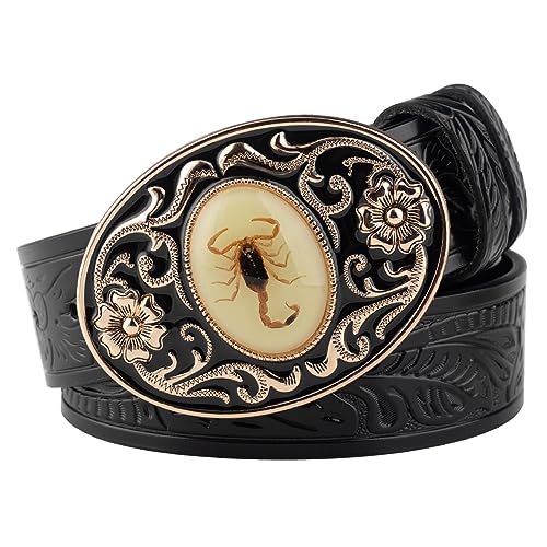 RGWYGCG Mens Belt, Cowboy Western Belts for Men, Glow-in-the-Dark Scorpion Animal Belt,Black,100CM/39.4''