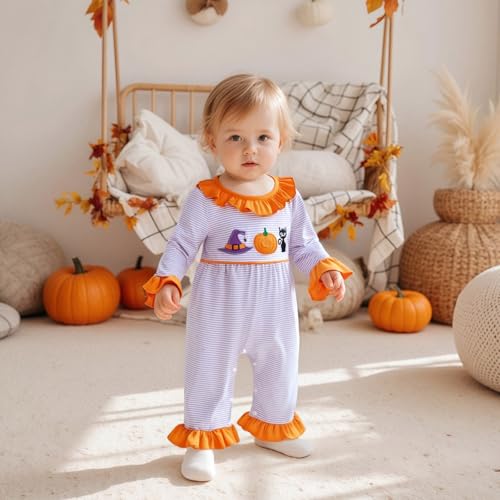 Newborn Baby Girl Halloween Outfit Embroidery Ruffles Long Sleeve Romper Jumpsuit Bodysuit Overalls Fall Clothes3