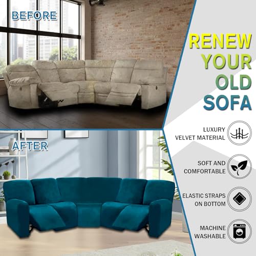 Housse de canapé inclinable en L extensible bleu lavable 5 places