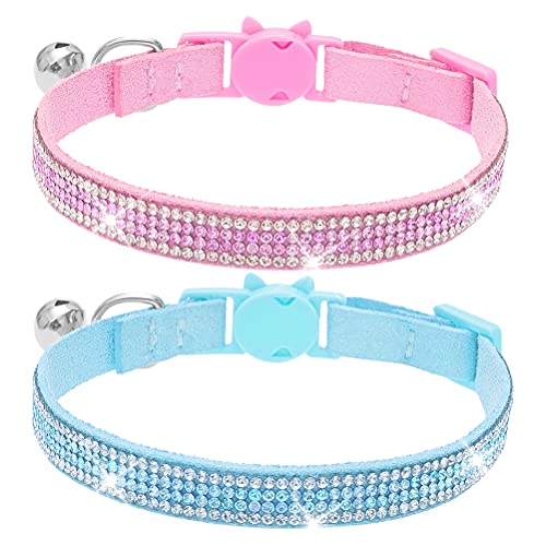 OFPUPPY Bling Rhinestone Breakaway Cat Collars with Bells 2 PCS - Adjustable Safe Pet Shining Diamante Collar Soft Velvet Kitty Collar for Cats and Small Dogs