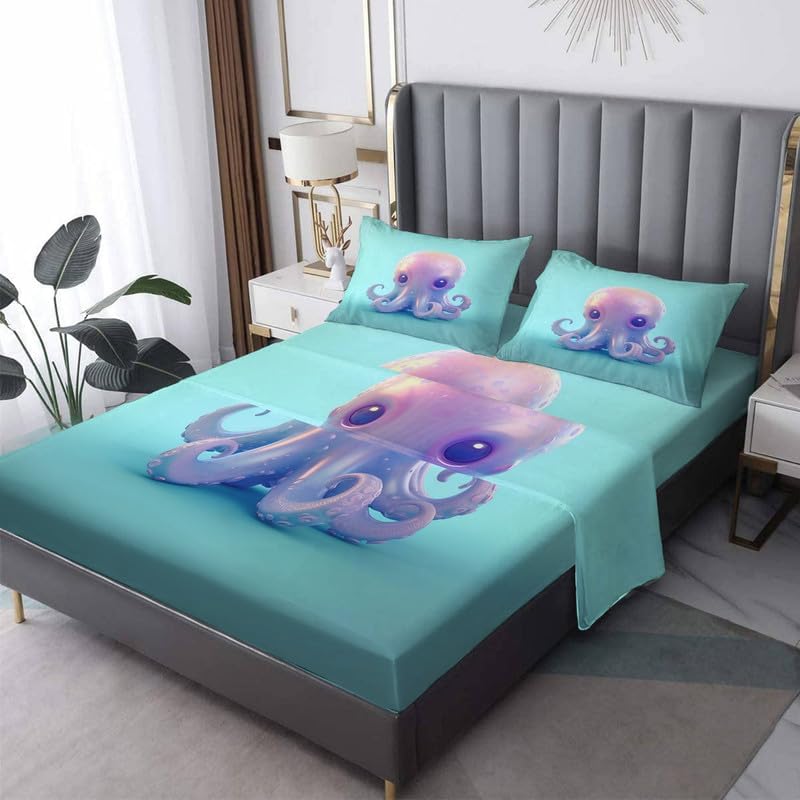 NIYAKA Octopus Sheets Queen Sheet Set, Cute Bedding Sheets & Pillowcases, 100% Microfiber, Deep Pocket, Includes 1 Flat Sheet, 1 Fitted Sheet, and 2
