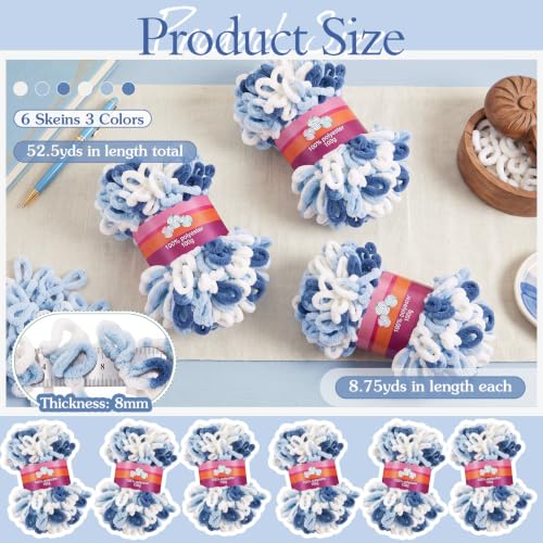 Image of Threlaco Finger Loops Yarn Bulk Soft Chunky Yarn 600 G / 6 Skeins for Mothers Day Beginners Knitting No Needles or Hooks (White, Light Blue, Dark Blue,6 Pack)