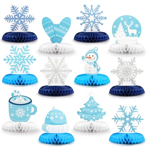 12PCS Winter Wonderland Party Decorations 3D Honeycomb Winter Centerpieces for Tables Blue White Christmas Party Supplies for Kids Birthday Xmas Holiday Party Prop Favors