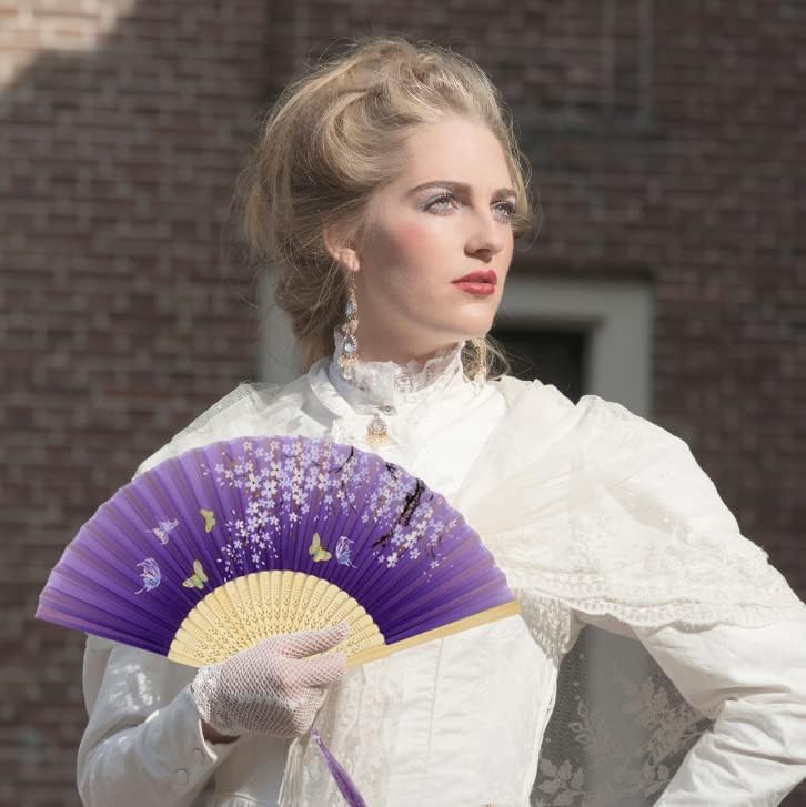 Miniatura 4 de Abanico plegable floral de bambú estilo chino, 2 unidades, abanicos de mano plegables de seda vintage, abanicos de mano de bambú ahuecados para