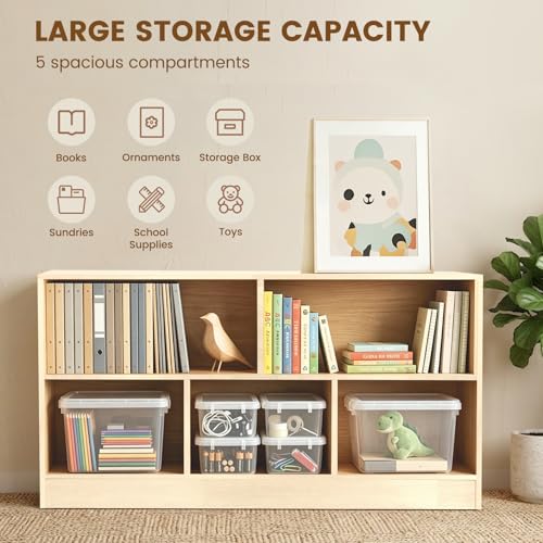 Image of Solid Rubber Wood Kids Storage Cabinet, 5-Section Toddler Montessori Bookshelf, Kids Organizer for Classroom, Playroom, Kindergarten, Medium Size