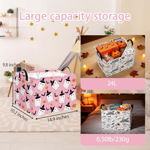 Image of NTAO Gift Storage Basket Empty for Halloween, Storage Bin with Handles, Room Decor, Book Box(Pink Ghost Bat)