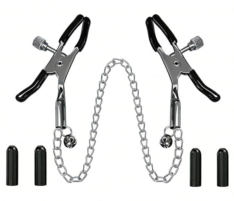 BDSM Nipple Clamps Adult Sex Toys Nipple Toys BDSM Toys Tension Adjustable Metal Clamps with 4 Replacement Rubber Sleeves Nipple Clips SM Sex Bondage kit Breast Stimulation Nipple Toy