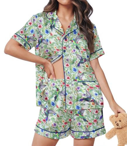 Image of HUNTFAMI Women Silky 2 Pcs Satin Pajama Set Long Sleeve Button Down | Satin pajama set; Short-sleeves in a coordinated 2-piece; funny printed; colourful style