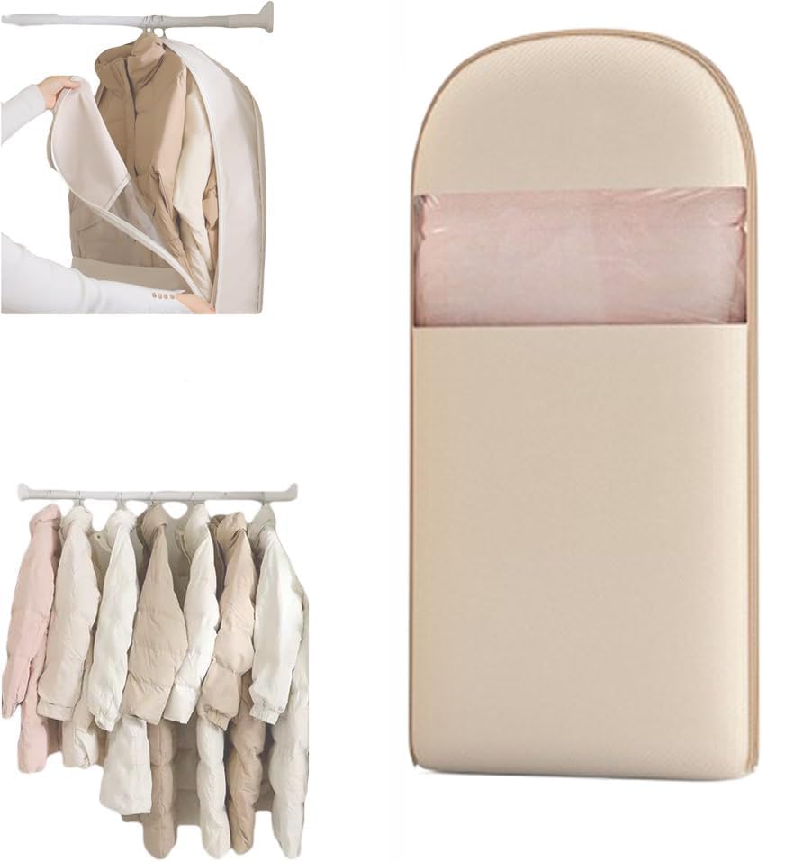 Hanging Garment Bag with Self Compression Zipper, Space Saving Hanging Garment Bag,Dust Cover Clothes Bags for Down Coat, Closet Organizers (White L)