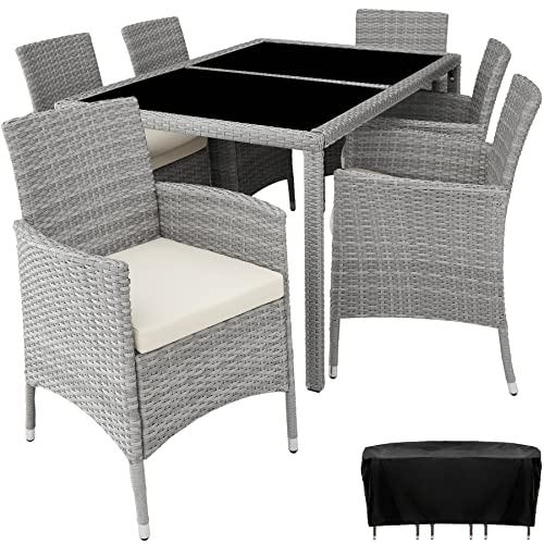 TecTake 800325 Salon de Jardin 6+1 en Poly Rotin avec Table + 6 Chaises, Vis en Acier Inoxydable - diverses Couleurs au Choix - (Gris Clair/Crème)