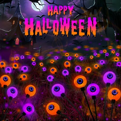 6-Pack Purple and Orange Solar Eyeball Halloween Lights Outdoor, Solar Garden Lights Outdoor Waterproof, Solar Firefly Lights Swaying by Wind Fairy Lights for Pathway Yard Garden Halloween Decorations