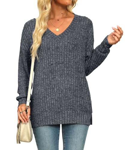 Image of Womens Sweaters V Neck Long Sleeve Shirts Loose Casual Fall Fashion Sweatshirts