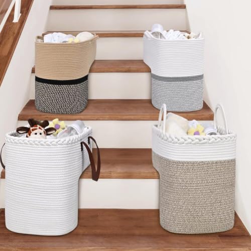 Evenoonest Panier d'escalier en lin tissé avec poignées, rangement pour jouets, livres, téléphones sur moquette, rangement de meubles portable et compact (D) – vue 9