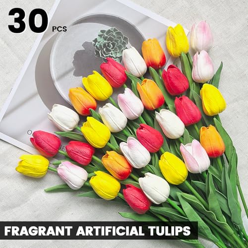 30 PCS Artificial Tulips Real Touch Tulips 35cm/13.5inch Long Stem Fake Flowers Silk Flowers for Spring Easter Mother's Day Decorations (MixedColor) image 4